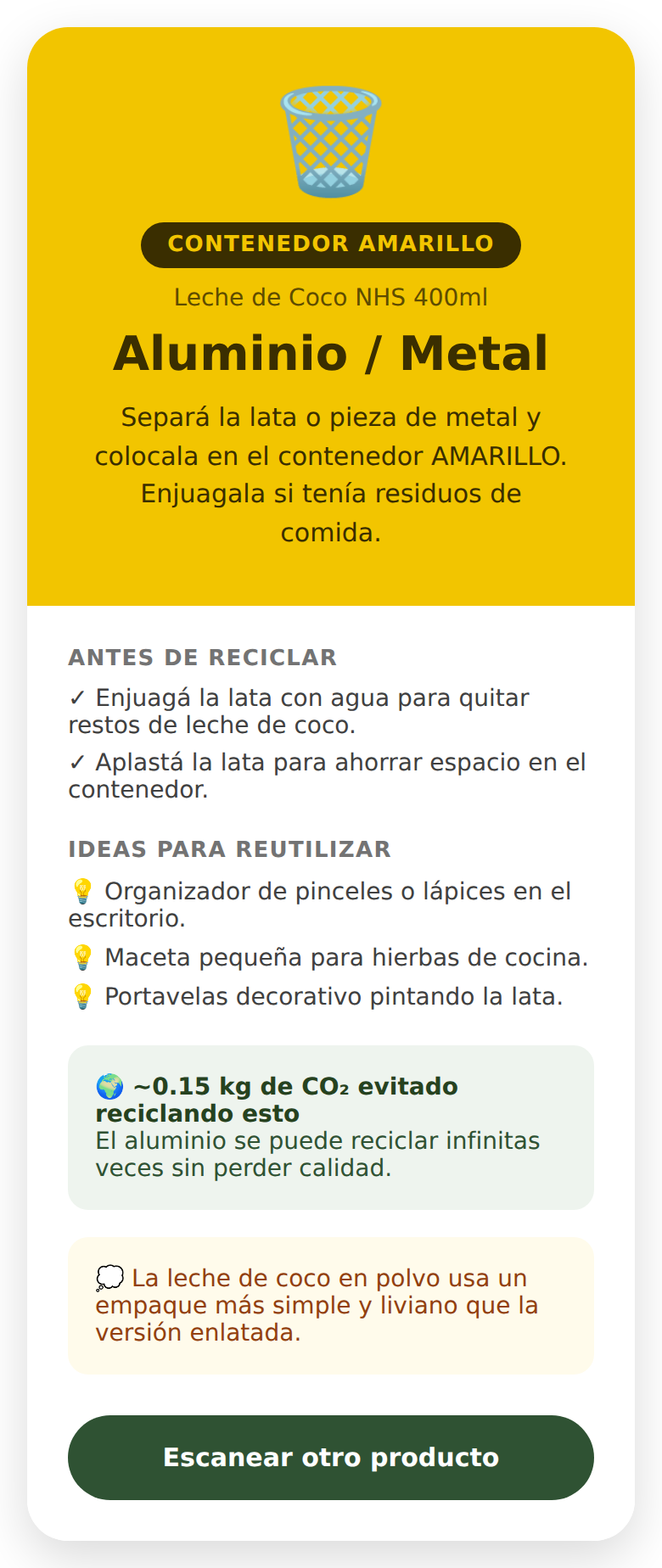 Pantalla de resultado de EcoScan mostrando el contenedor amarillo para una lata de aluminio